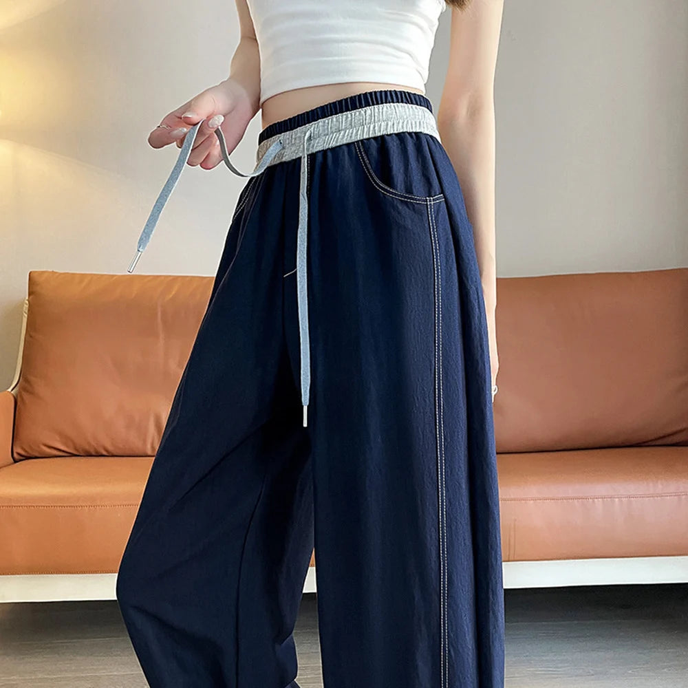 Women's pants 2026 new style simple splicing waist casual wide leg pants loose solid color pants tied elastic straight leg pants