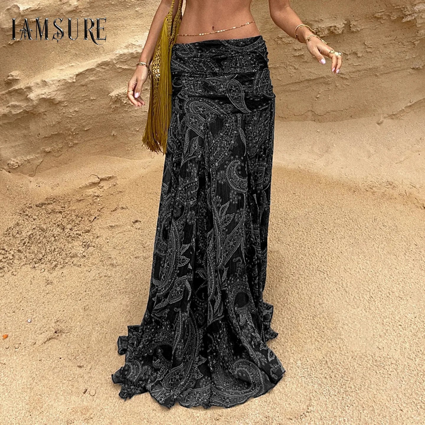Women's Bohemian Retro Style Cashew Printed Folds With Asymmetric Hem Skirts Summer Holiday Fashion Long Mesh Loose Skirt 2026