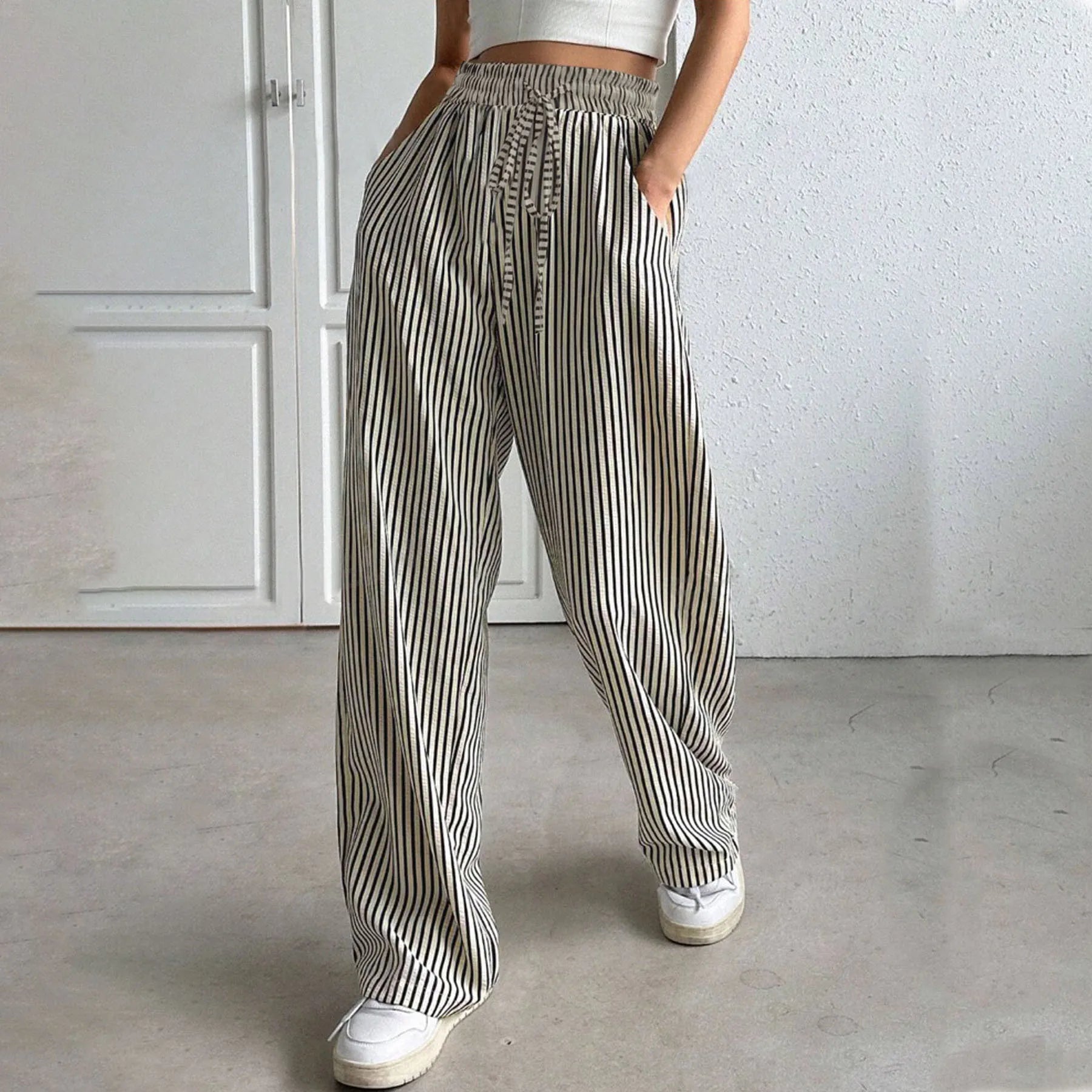 Women's Striped Wide Leg Pants Elastic High Waist Drawstring Pants Loose Casual Spring Summer Loungewear Palazzo Trousers