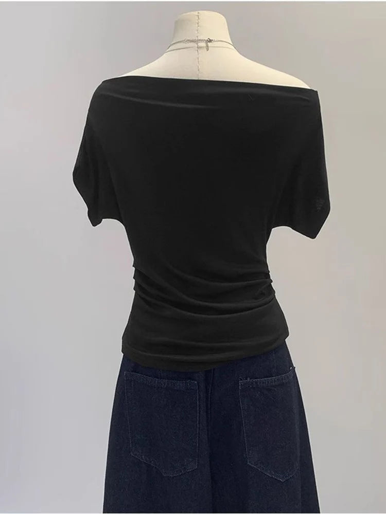 Summer One Shoulder Black Women's T-shirt Short Sleeve Korean Style Slim Fit Exposed Shoulder Top Fashionable Korean Clothing