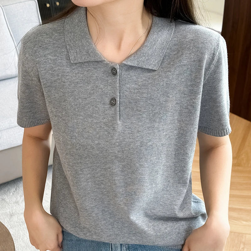 Summer 100% pure cotton women's T-shirt casual solid color knitted pullover short sleeved loose POLO collar Tees Pull vest Tops
