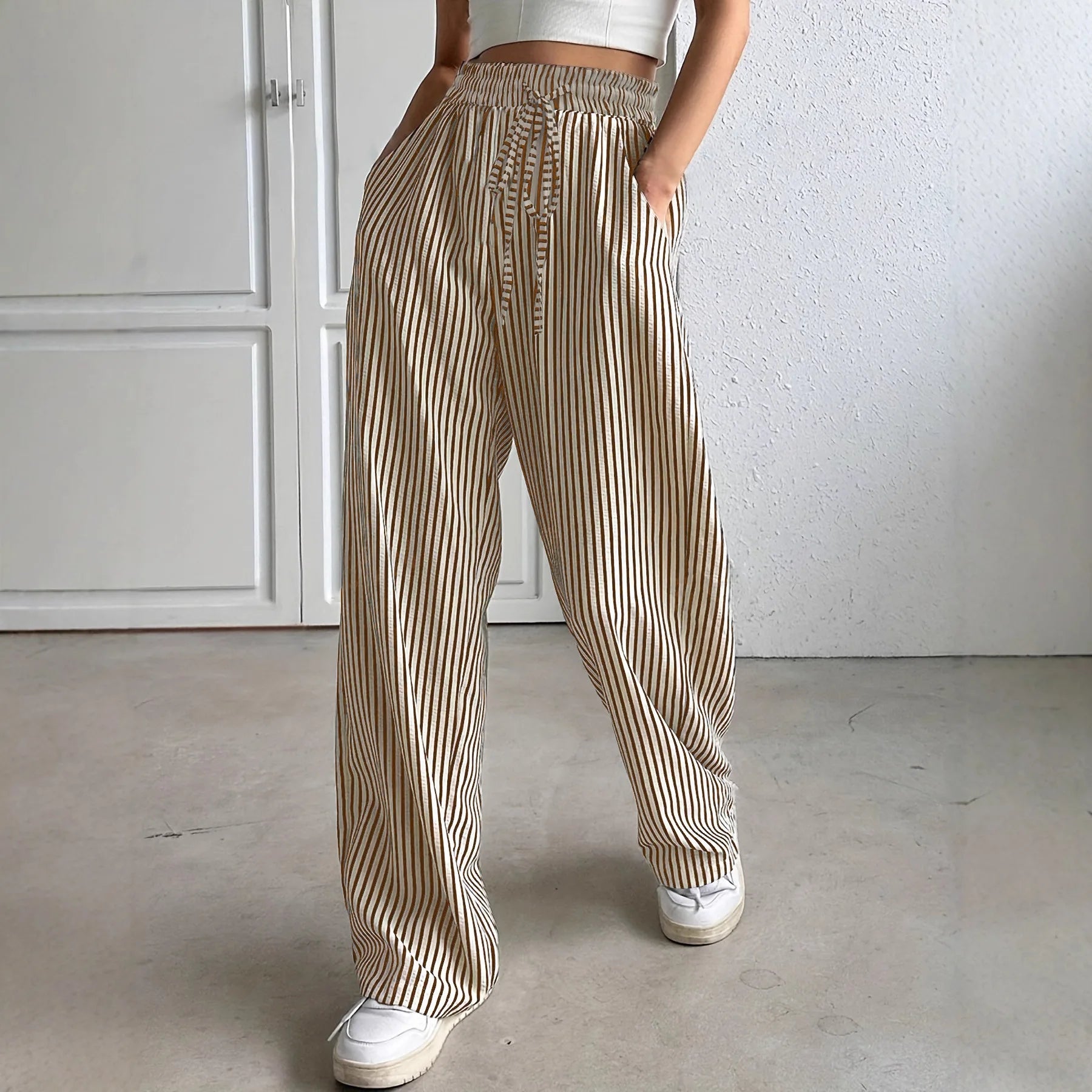 Women's Striped Wide Leg Pants Elastic High Waist Drawstring Pants Loose Casual Spring Summer Loungewear Palazzo Trousers