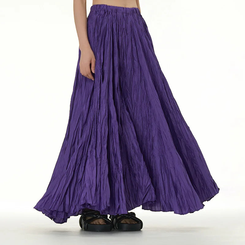 Elegant Drape Crumpled Skirts Women Summer Elastic Waist Big-Hem Long Skirts Large Size Loose Umbrella Skirts Female Streetwear