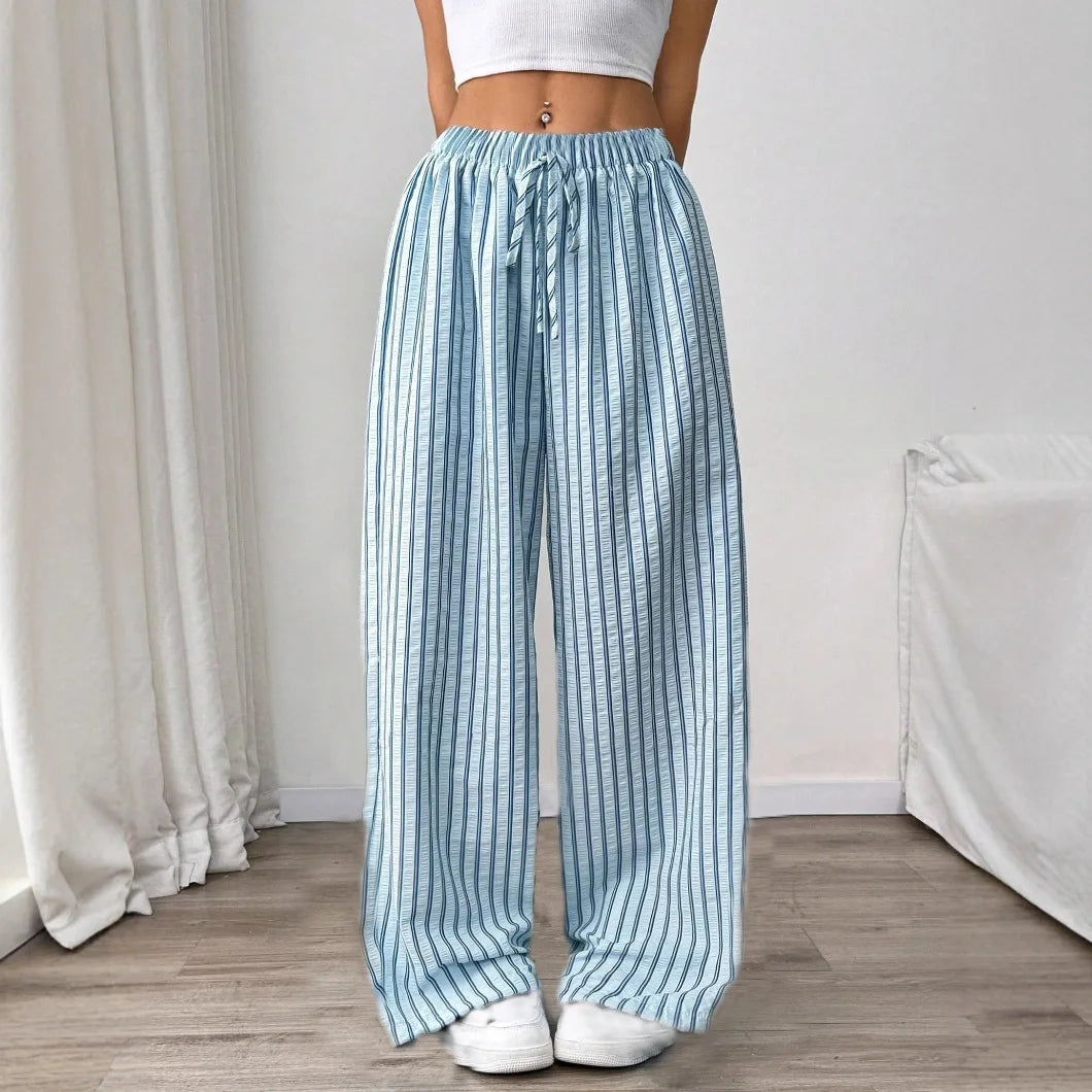 Women's Striped Wide Leg Pants Elastic High Waist Drawstring Pants Loose Casual Spring Summer Loungewear Palazzo Trousers