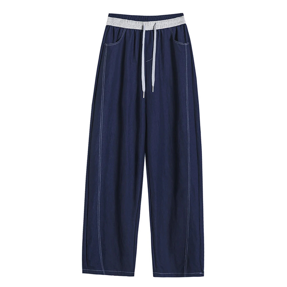 Women's pants 2026 new style simple splicing waist casual wide leg pants loose solid color pants tied elastic straight leg pants