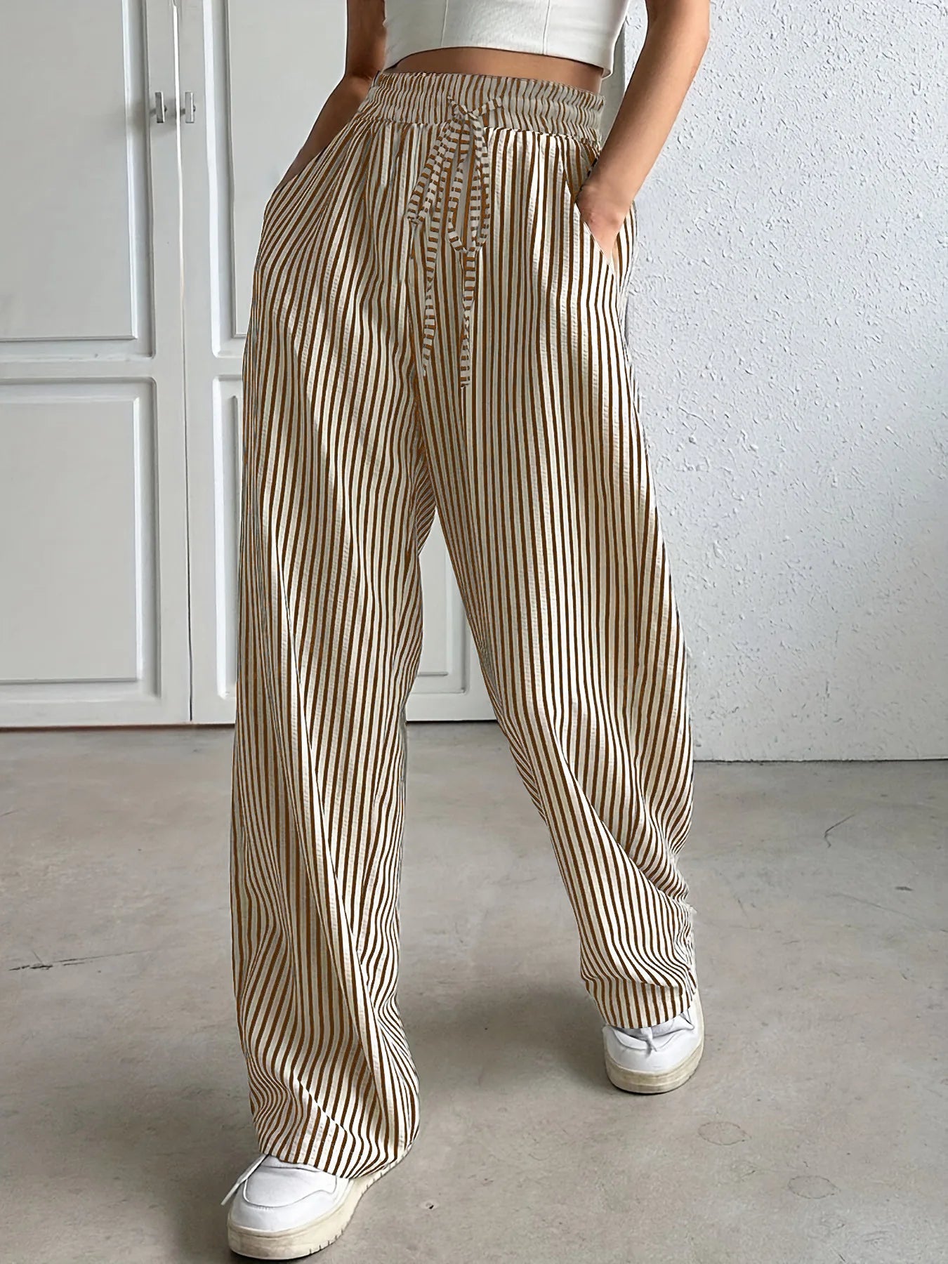 Women's Striped Wide Leg Pants Elastic High Waist Drawstring Pants Loose Casual Spring Summer Loungewear Palazzo Trousers