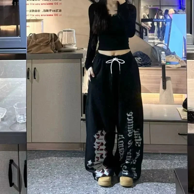 Retro Y2K Wide Leg Track Pants for Women Casual Street Dance Baggy Joggers Sweatpants Trendy 2026 Print Letter Design Versatile