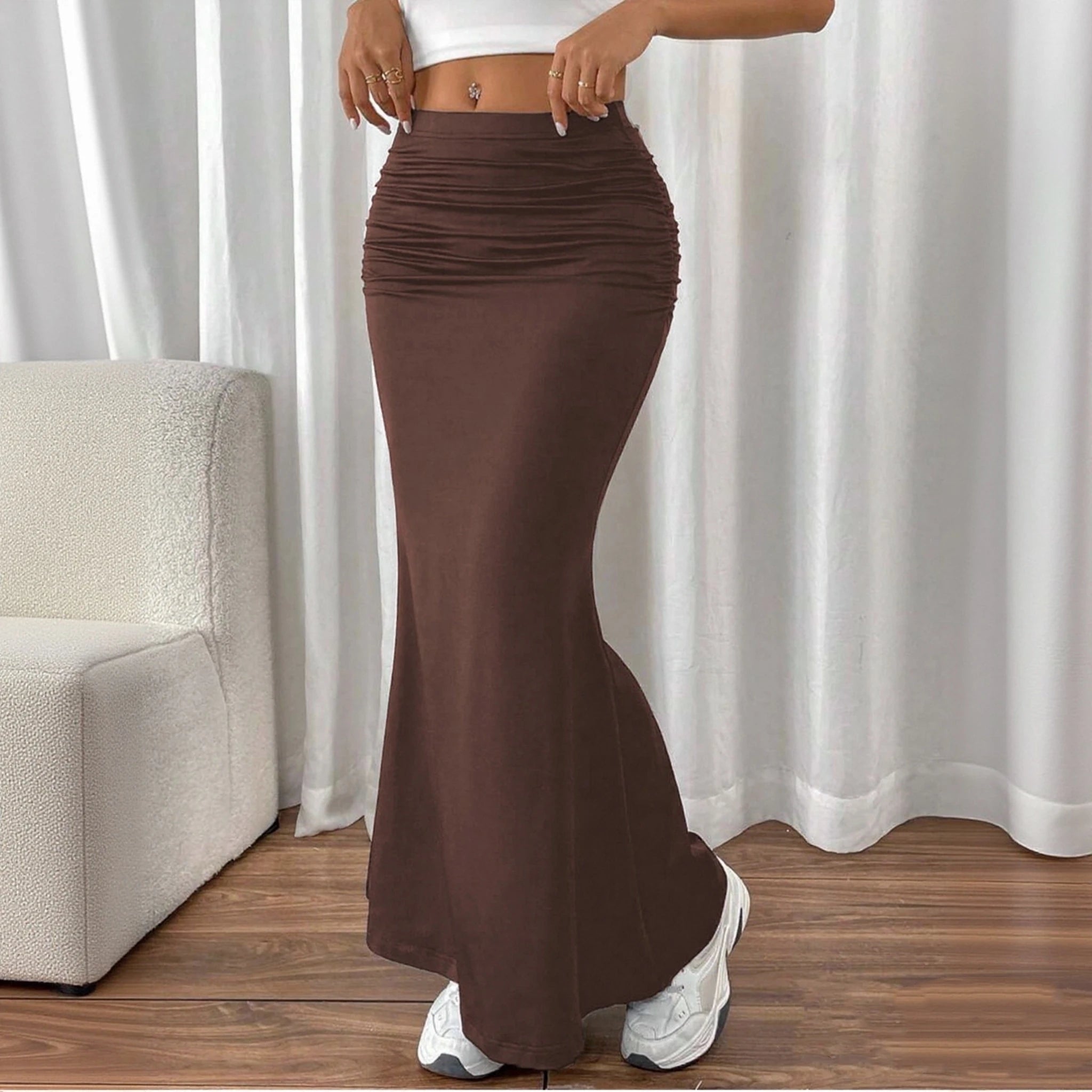 Solid Bodycon Ruched Long Skirt Women Sexy Black Elastic Elegant High Waist Mermaid Maxi Skirts Summer Streetwear Short Dress