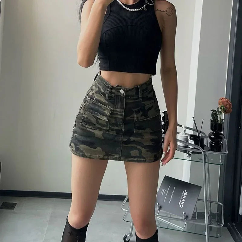 High Street Split Denim Skirt Woman 2026 Summer with Pockets Camouflage Cargo Skirt Women American Retro High Waist Mini Skirts