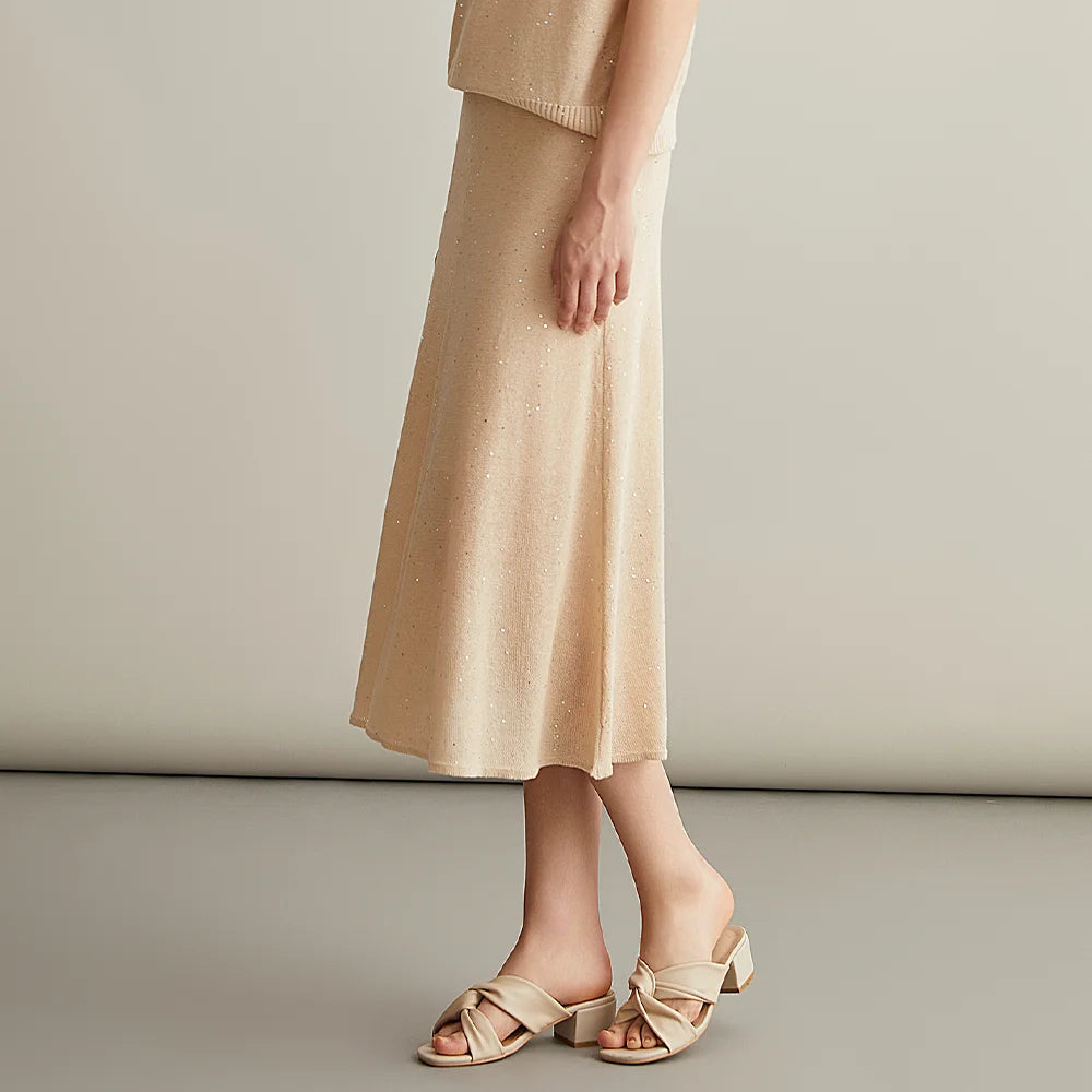 BC615 High Quality Luxury Womens Clothing Ladies Clothes Knitted Sequin Silk Linen A-line Skirts