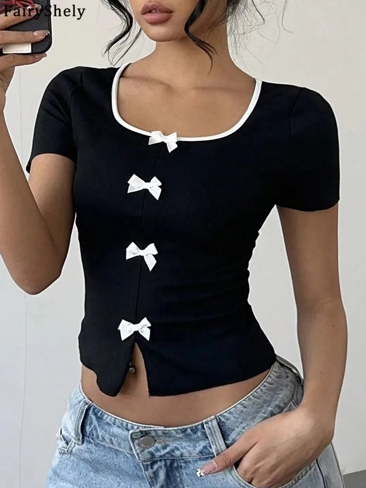 Fairyshely 2026 Summer Square Neck Short T-shirt Women Sexy Short Sleeve Bodycon Crop Top Lady Black Bow Club Party Short Tops