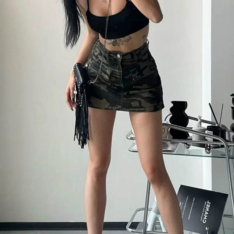 High Street Split Denim Skirt Woman 2026 Summer with Pockets Camouflage Cargo Skirt Women American Retro High Waist Mini Skirts