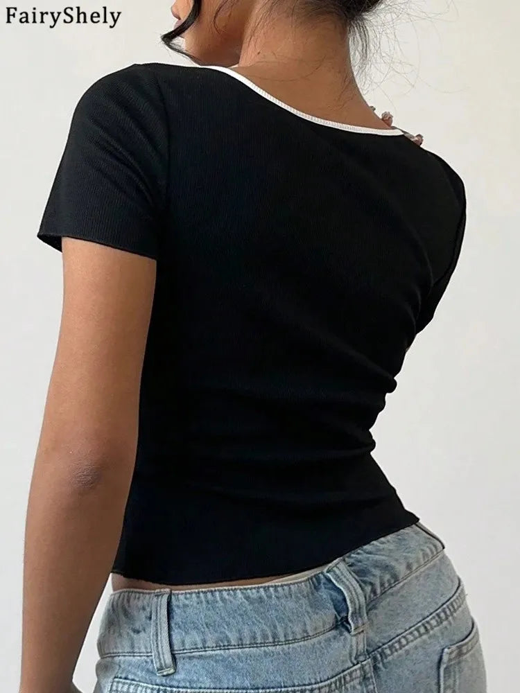 Fairyshely 2026 Summer Square Neck Short T-shirt Women Sexy Short Sleeve Bodycon Crop Top Lady Black Bow Club Party Short Tops