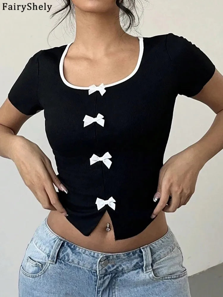 Fairyshely 2026 Summer Square Neck Short T-shirt Women Sexy Short Sleeve Bodycon Crop Top Lady Black Bow Club Party Short Tops