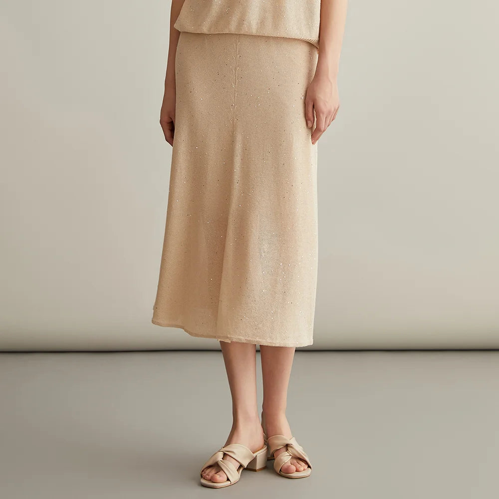 BC615 High Quality Luxury Womens Clothing Ladies Clothes Knitted Sequin Silk Linen A-line Skirts