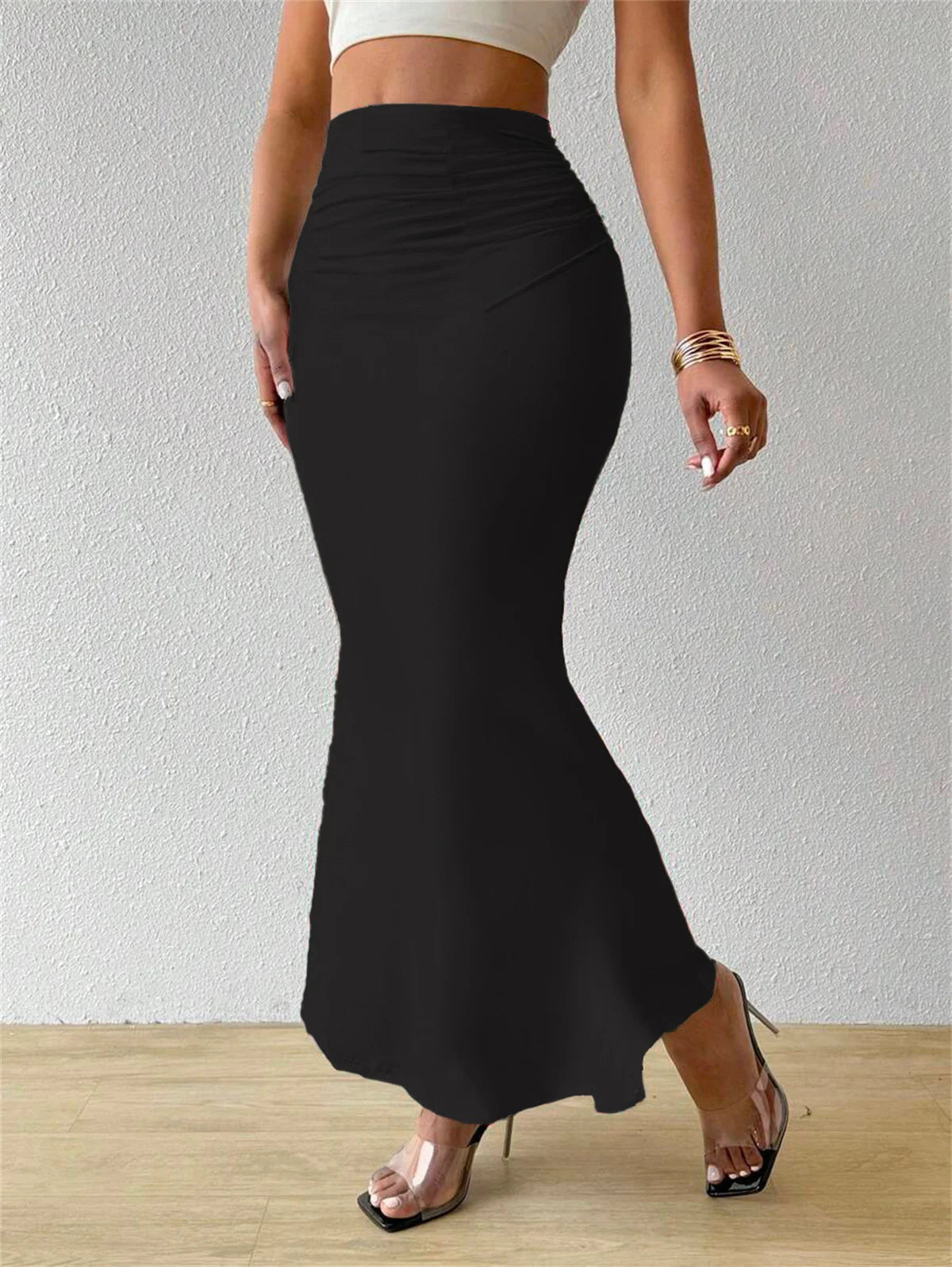 Solid Bodycon Ruched Long Skirt Women Sexy Black Elastic Elegant High Waist Mermaid Maxi Skirts Summer Streetwear Short Dress