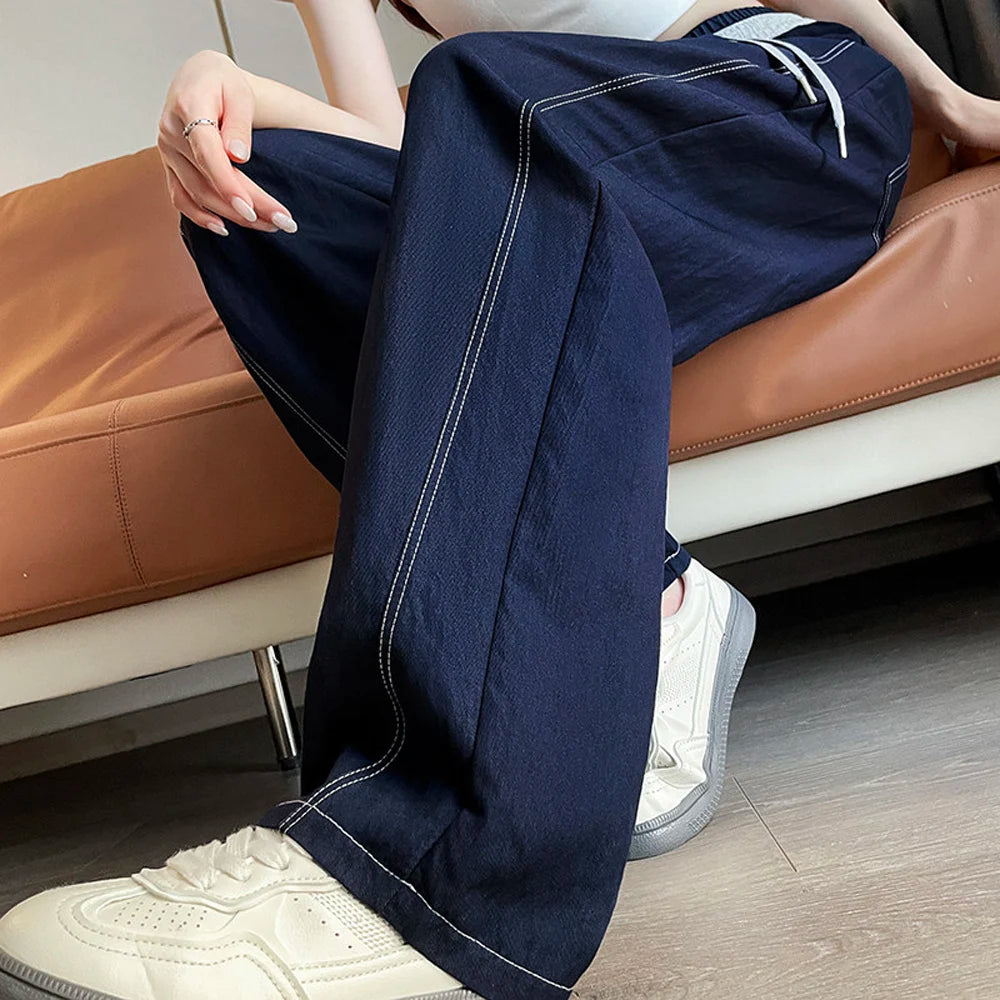 Women's pants 2026 new style simple splicing waist casual wide leg pants loose solid color pants tied elastic straight leg pants