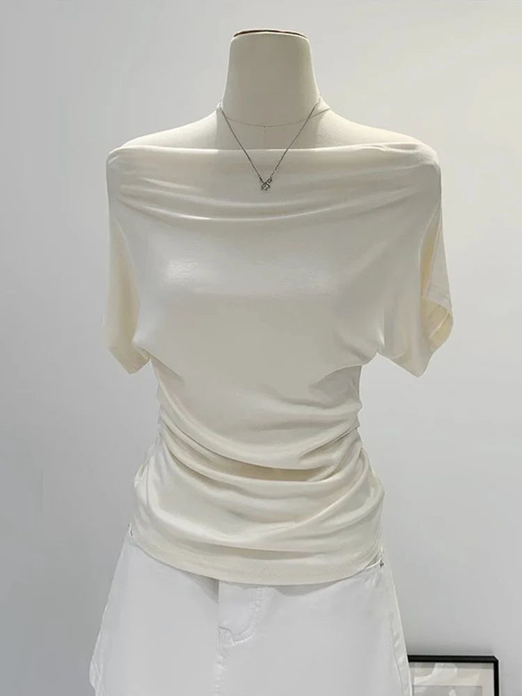 Summer One Shoulder Black Women's T-shirt Short Sleeve Korean Style Slim Fit Exposed Shoulder Top Fashionable Korean Clothing