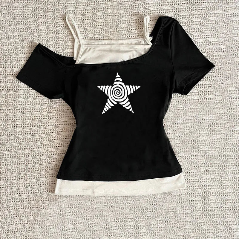 Women's Harajuku 2026 Summer Casual T-Shirt Y2K Retro Streetwear Halter Neck Print Fake Two-Piece Set Fashionable Street Style