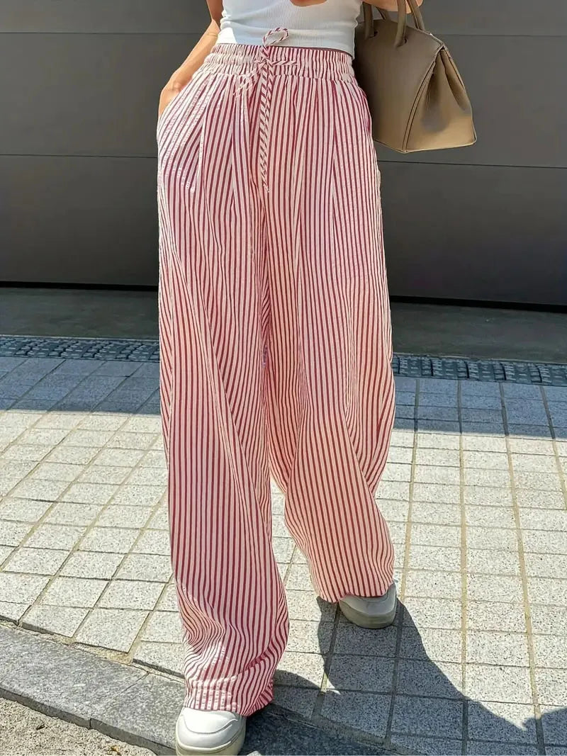 Women's Striped Wide Leg Pants Elastic High Waist Drawstring Pants Loose Casual Spring Summer Loungewear Palazzo Trousers