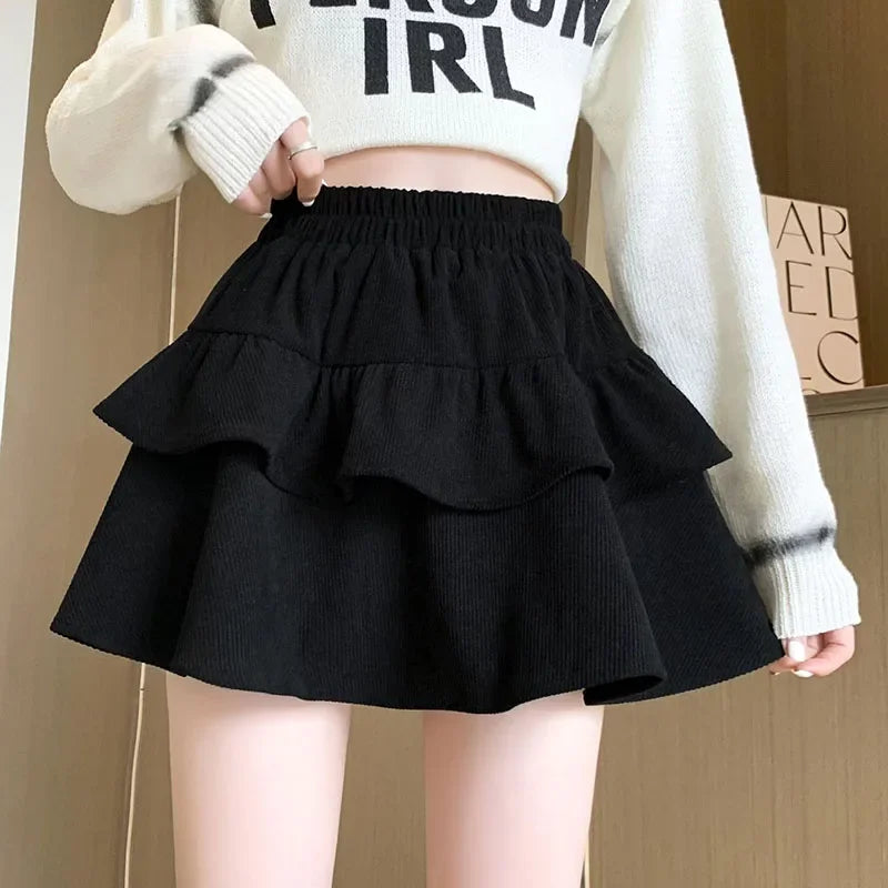 Fanan High Waist Puffy Ruffles A-line Skirt Ladies 2024 Autumn New All-match Corduroy Pleated Skirts Y2K Vintage Cake Mini Skirt