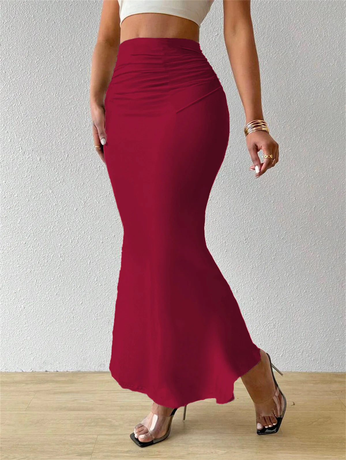 Solid Bodycon Ruched Long Skirt Women Sexy Black Elastic Elegant High Waist Mermaid Maxi Skirts Summer Streetwear Short Dress