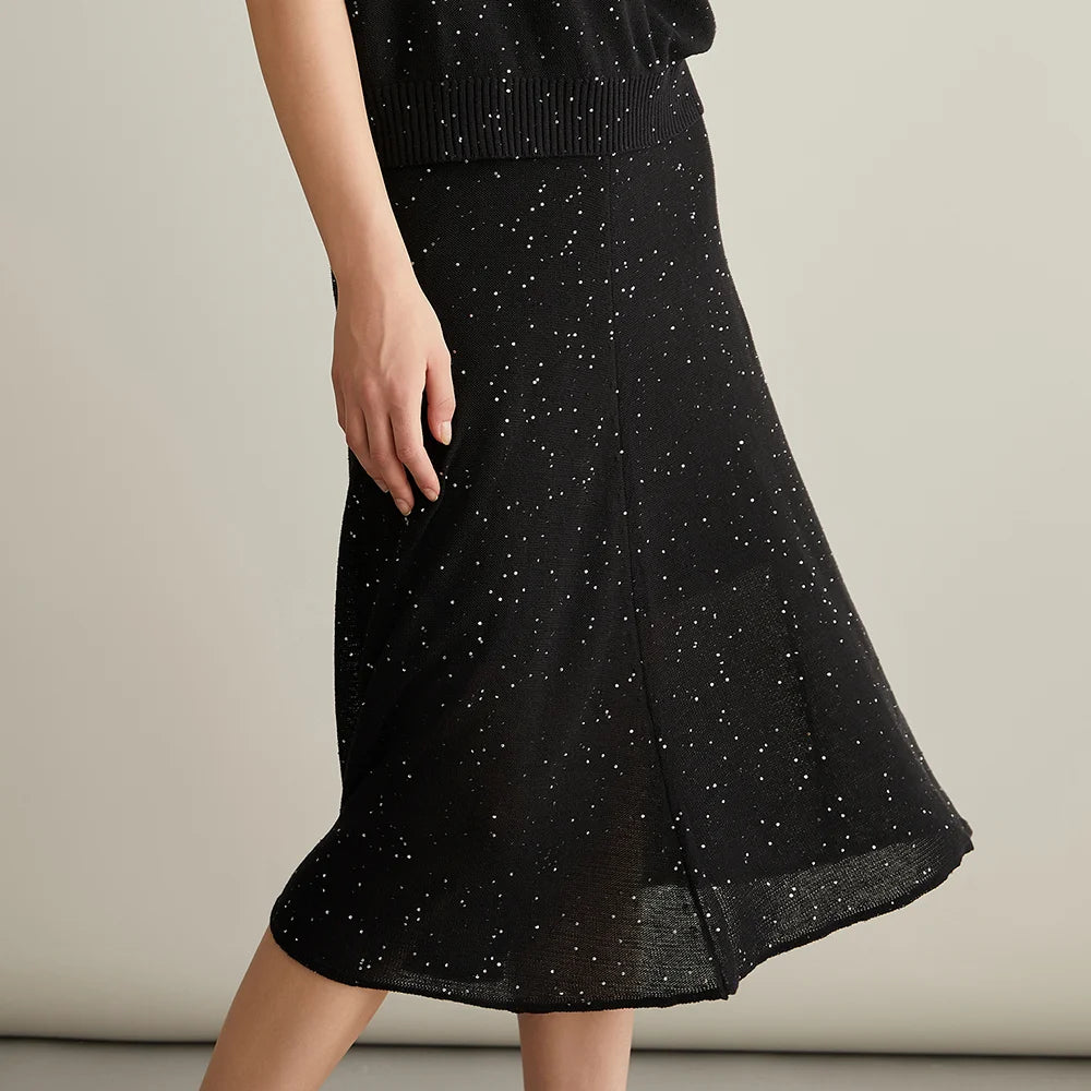 BC615 High Quality Luxury Womens Clothing Ladies Clothes Knitted Sequin Silk Linen A-line Skirts
