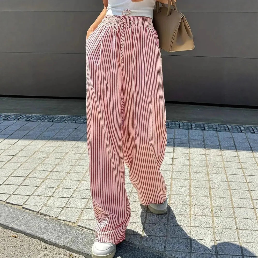 Women's Striped Wide Leg Pants Elastic High Waist Drawstring Pants Loose Casual Spring Summer Loungewear Palazzo Trousers