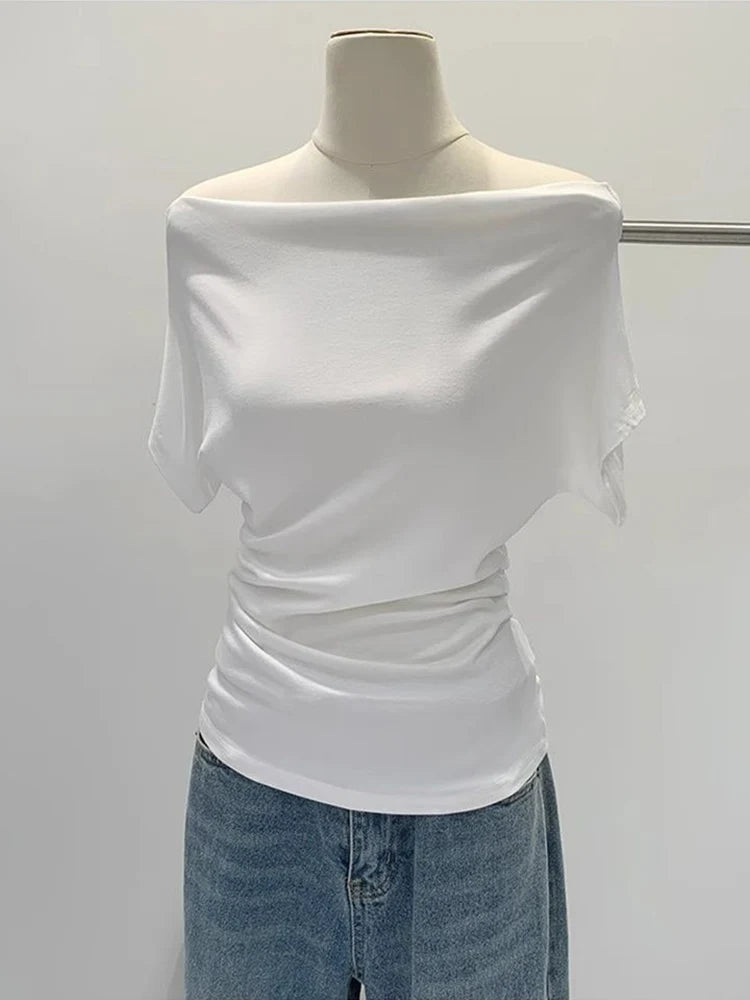 Summer One Shoulder Black Women's T-shirt Short Sleeve Korean Style Slim Fit Exposed Shoulder Top Fashionable Korean Clothing