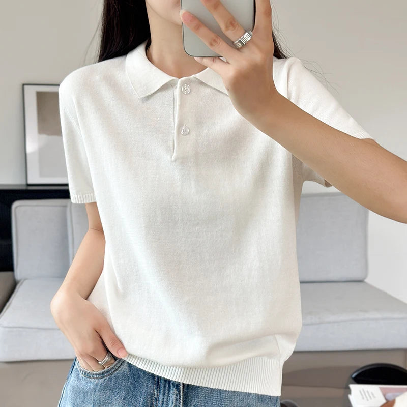 Summer 100% pure cotton women's T-shirt casual solid color knitted pullover short sleeved loose POLO collar Tees Pull vest Tops