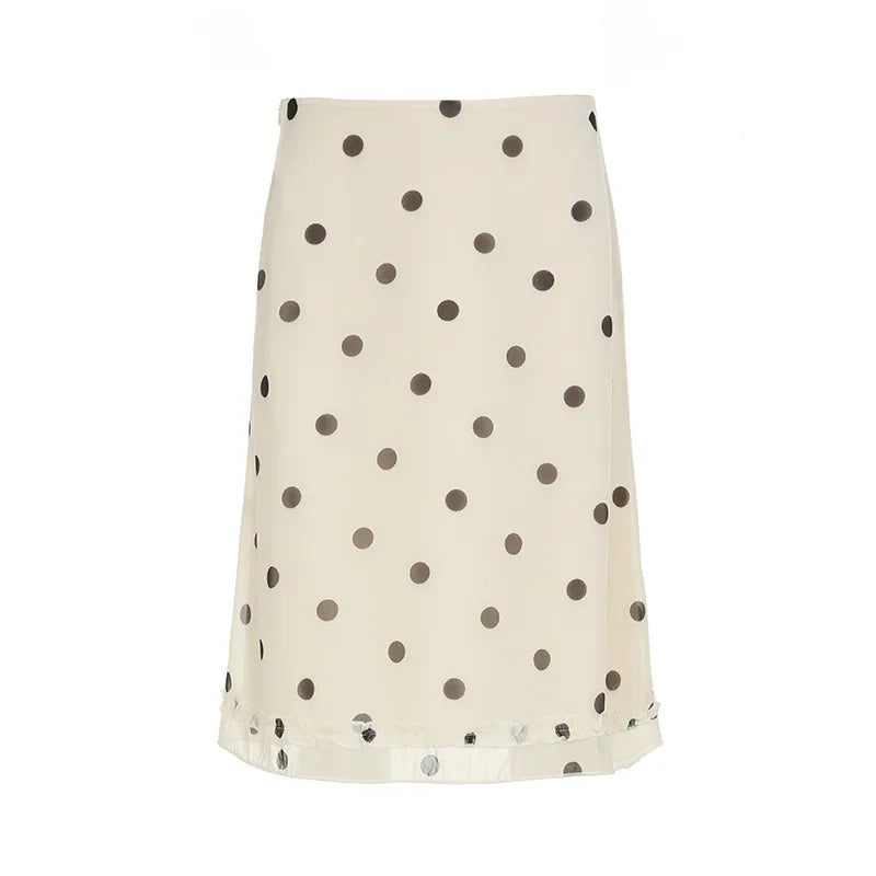 Casual Women Polka Dot Skirts Lettuce Trim Beige Elegant Midi Skirts Streetwear Simple All-match Bottom Clothing Spring