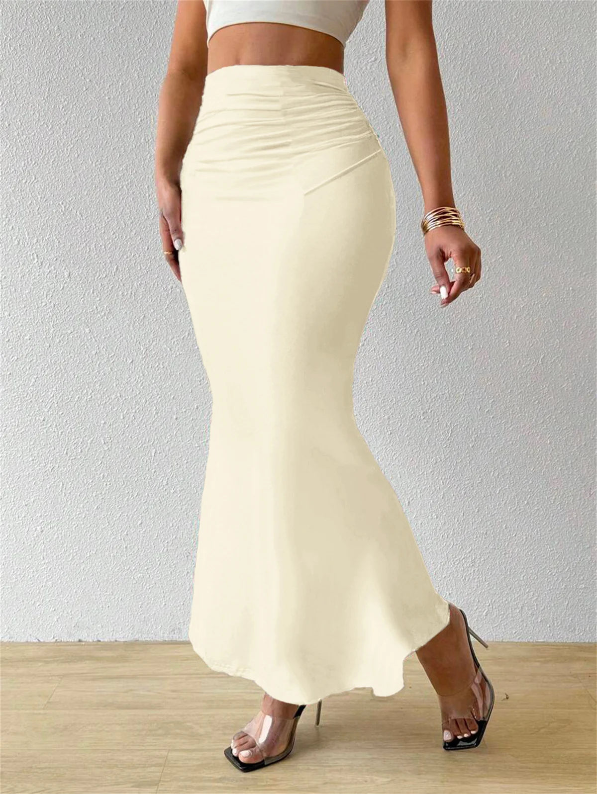 Solid Bodycon Ruched Long Skirt Women Sexy Black Elastic Elegant High Waist Mermaid Maxi Skirts Summer Streetwear Short Dress