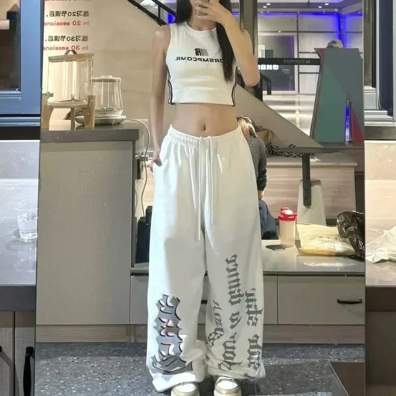 Retro Y2K Wide Leg Track Pants for Women Casual Street Dance Baggy Joggers Sweatpants Trendy 2026 Print Letter Design Versatile