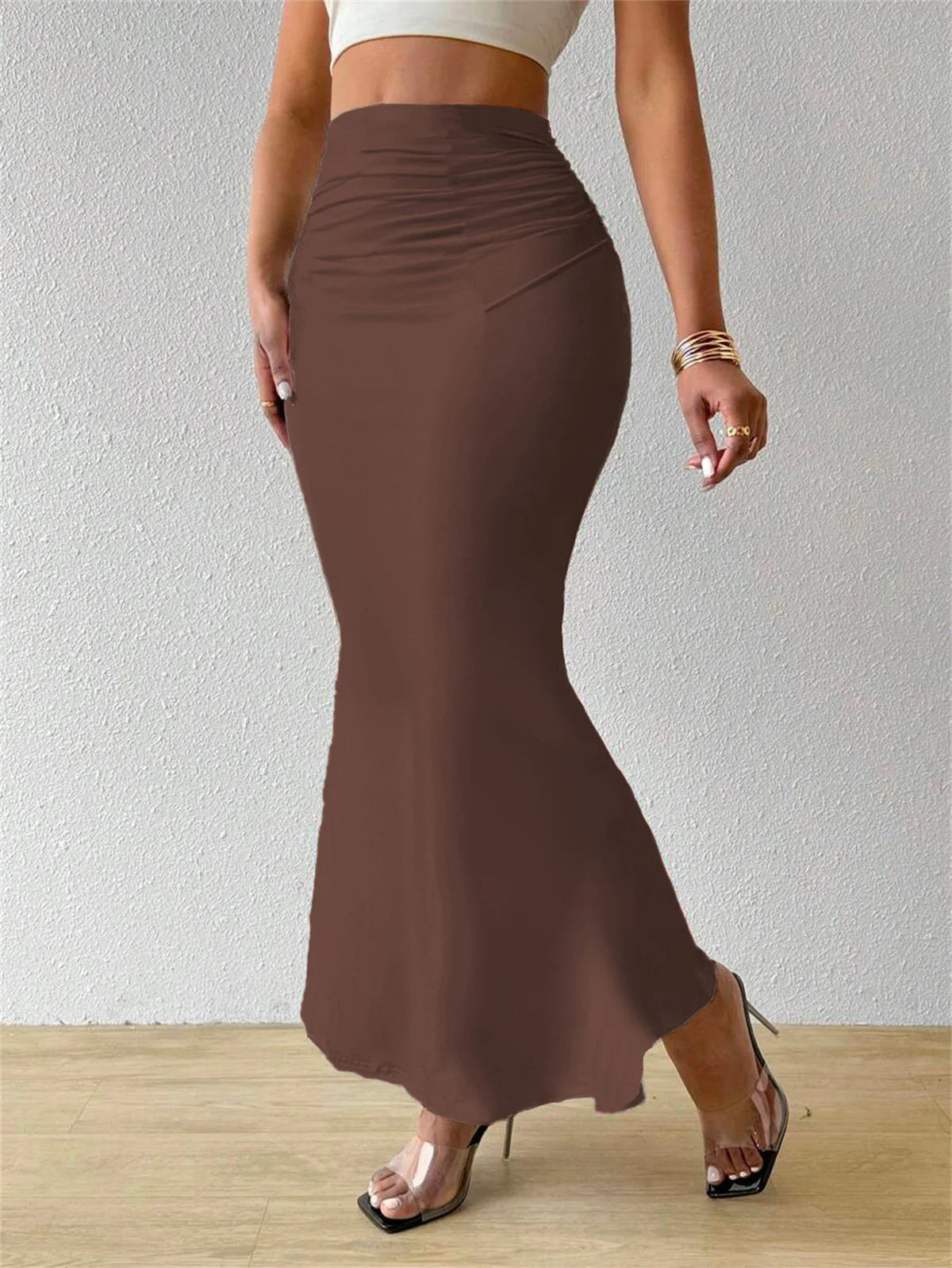Solid Bodycon Ruched Long Skirt Women Sexy Black Elastic Elegant High Waist Mermaid Maxi Skirts Summer Streetwear Short Dress
