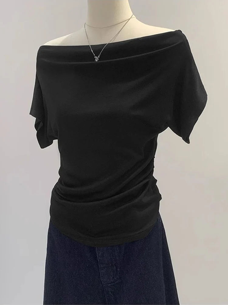 Summer One Shoulder Black Women's T-shirt Short Sleeve Korean Style Slim Fit Exposed Shoulder Top Fashionable Korean Clothing