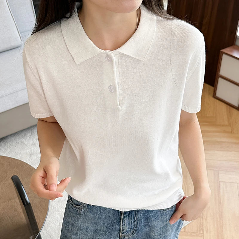 Summer 100% pure cotton women's T-shirt casual solid color knitted pullover short sleeved loose POLO collar Tees Pull vest Tops