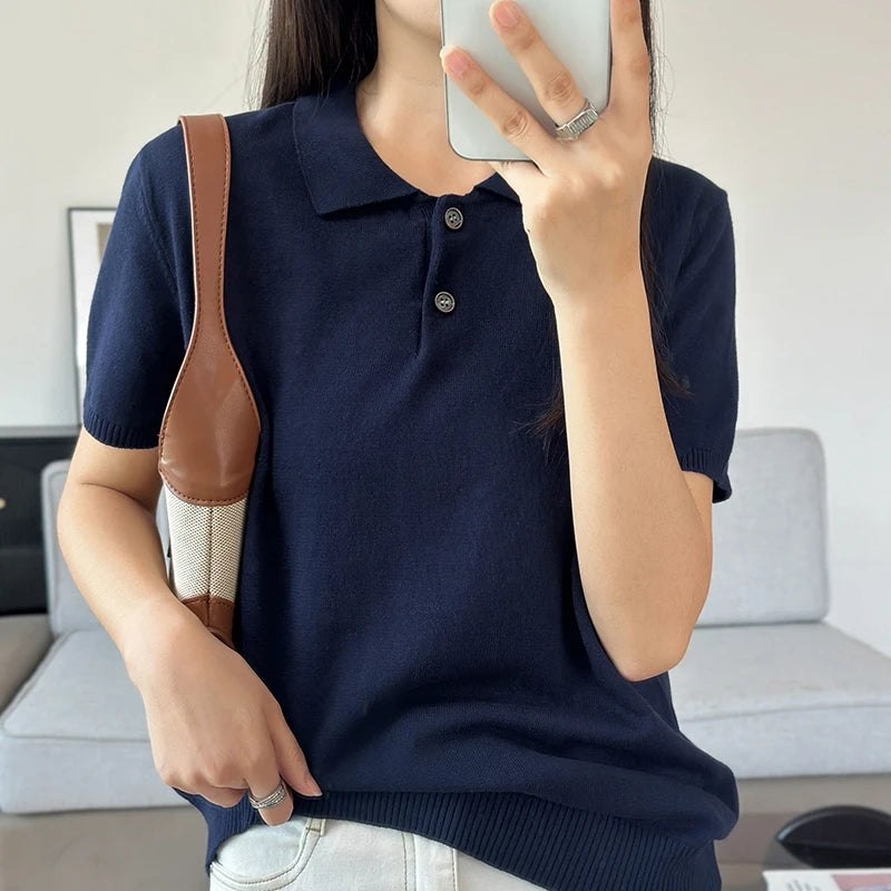 Summer 100% pure cotton women's T-shirt casual solid color knitted pullover short sleeved loose POLO collar Tees Pull vest Tops