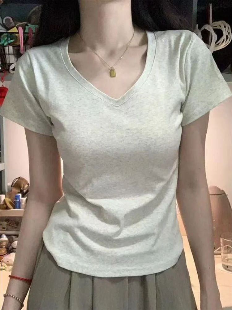 Fashion Women's T-shirt Summer Short Sleeved Cotton V-neck Casual Top Basic Solid Color Slim Daily Wear Clothing