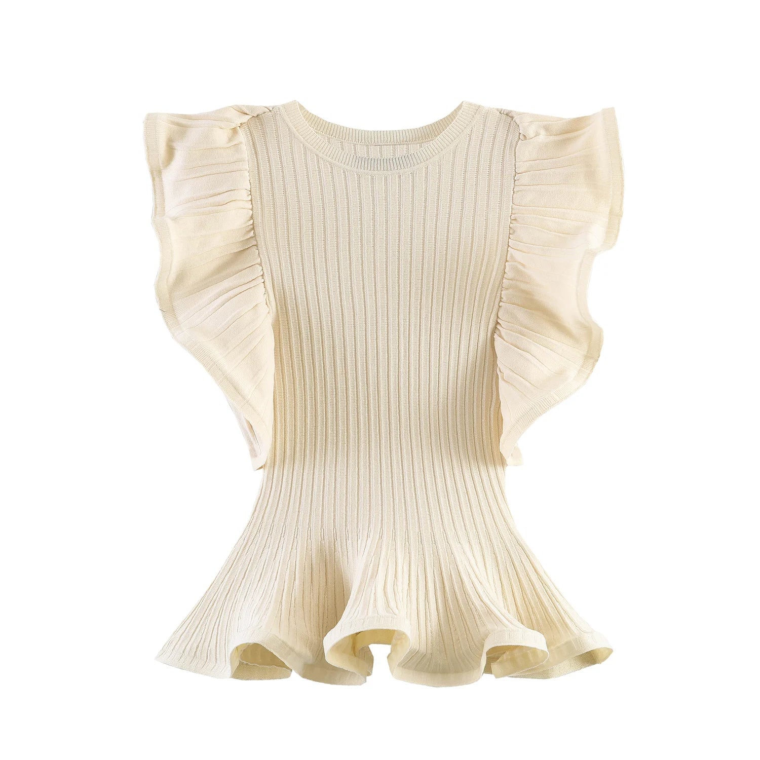HH Women Summer Spring Minimal Breathable Cream Ribbed Knit Peplum Top Crew Neck Ruffle Flutter Sleeve Slim Fit Casual Knitwear