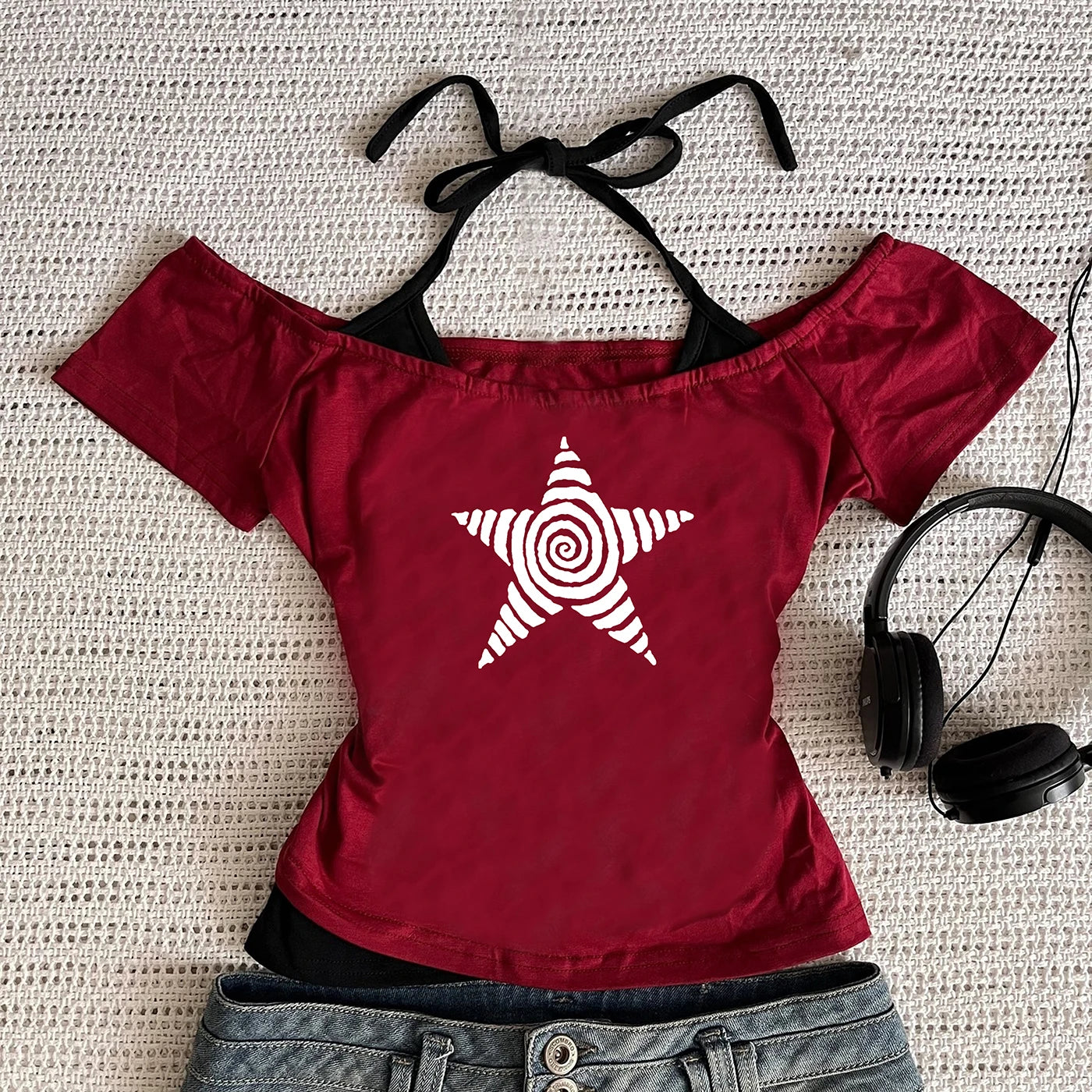 Women's Harajuku 2026 Summer Casual T-Shirt Y2K Retro Streetwear Halter Neck Print Fake Two-Piece Set Fashionable Street Style