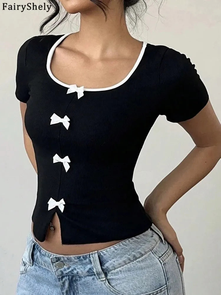 Fairyshely 2026 Summer Square Neck Short T-shirt Women Sexy Short Sleeve Bodycon Crop Top Lady Black Bow Club Party Short Tops