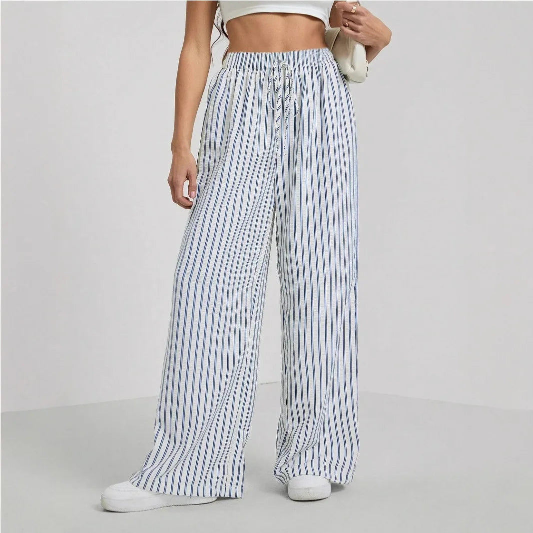 Women's Striped Wide Leg Pants Elastic High Waist Drawstring Pants Loose Casual Spring Summer Loungewear Palazzo Trousers