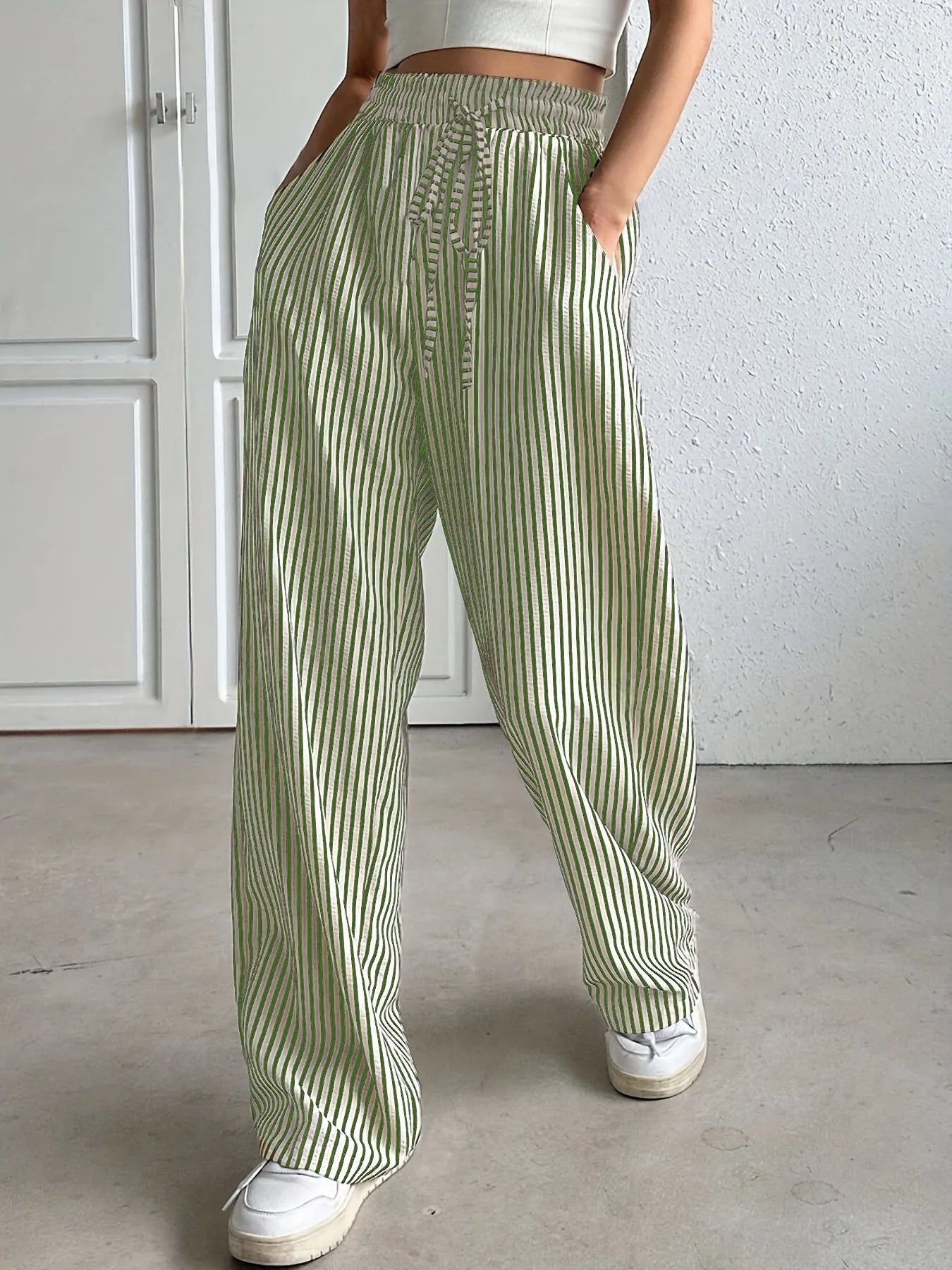 Women's Striped Wide Leg Pants Elastic High Waist Drawstring Pants Loose Casual Spring Summer Loungewear Palazzo Trousers