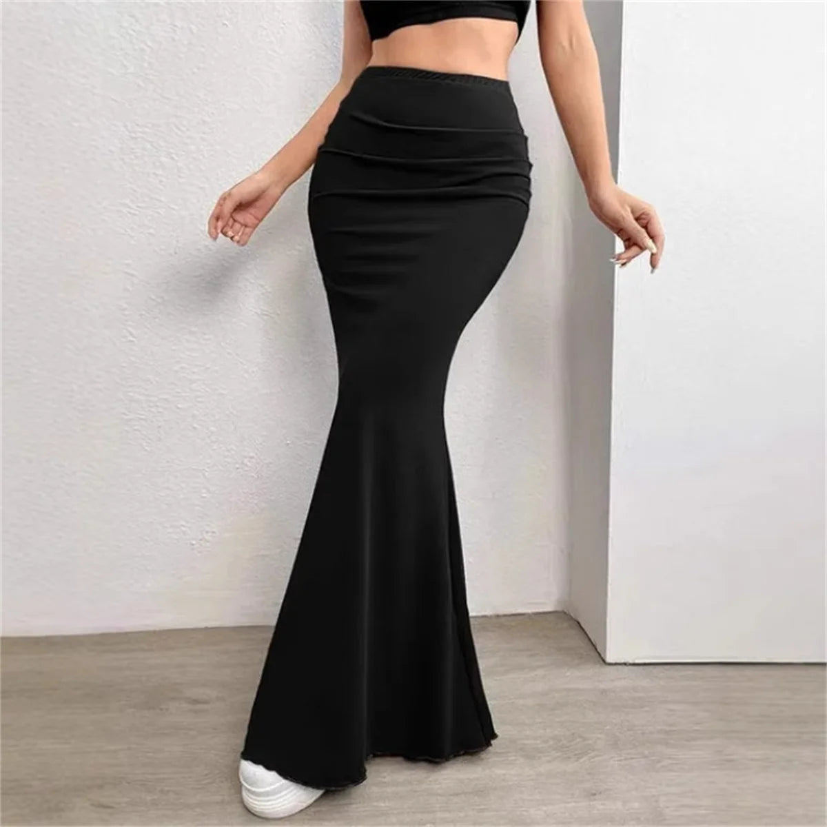 Solid Bodycon Ruched Long Skirt Women Sexy Black Elastic Elegant High Waist Mermaid Maxi Skirts Summer Streetwear Short Dress