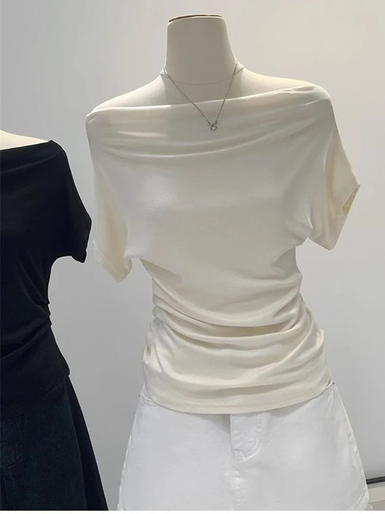 Summer One Shoulder Black Women's T-shirt Short Sleeve Korean Style Slim Fit Exposed Shoulder Top Fashionable Korean Clothing