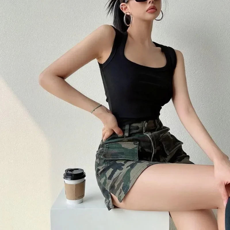 High Street Split Denim Skirt Woman 2026 Summer with Pockets Camouflage Cargo Skirt Women American Retro High Waist Mini Skirts