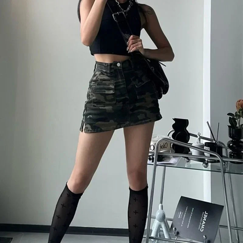 High Street Split Denim Skirt Woman 2026 Summer with Pockets Camouflage Cargo Skirt Women American Retro High Waist Mini Skirts