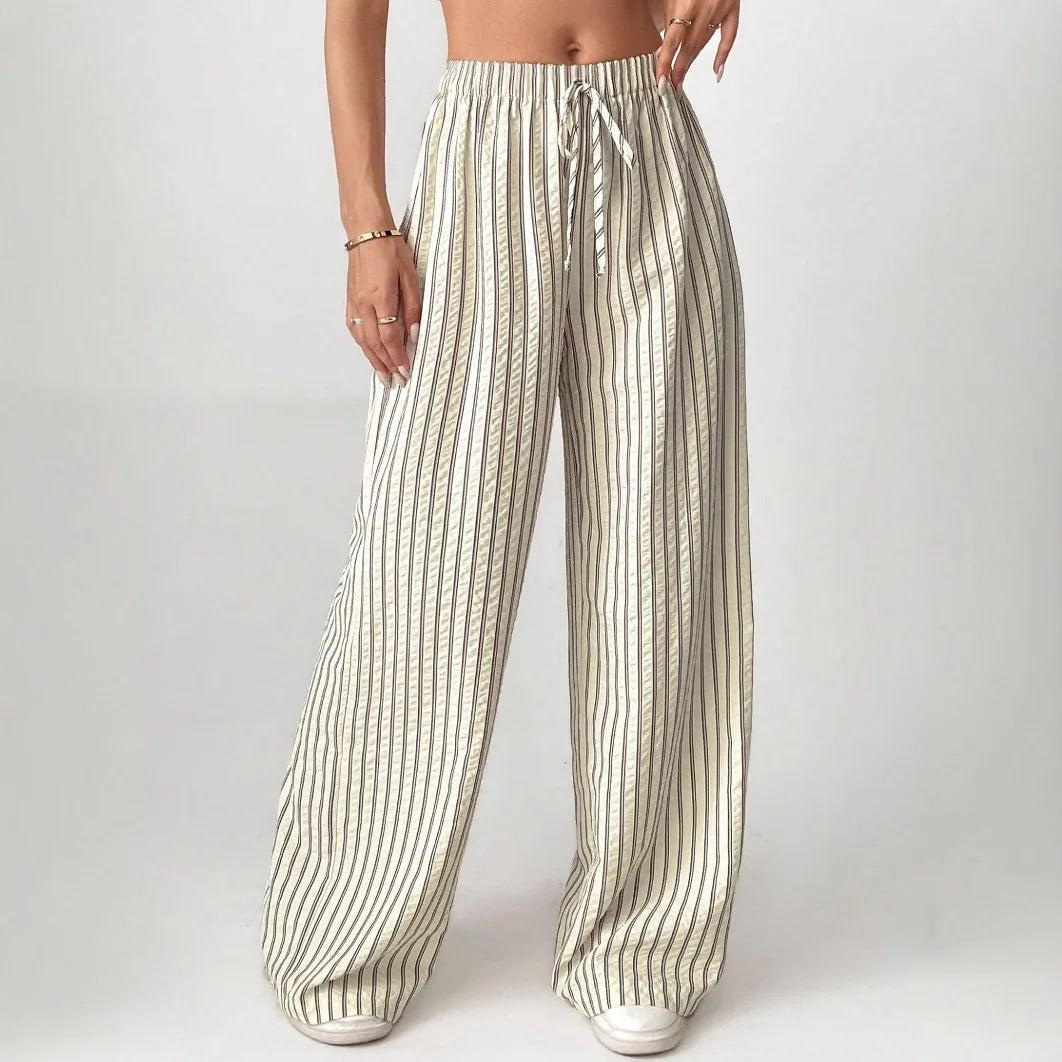 Women's Striped Wide Leg Pants Elastic High Waist Drawstring Pants Loose Casual Spring Summer Loungewear Palazzo Trousers