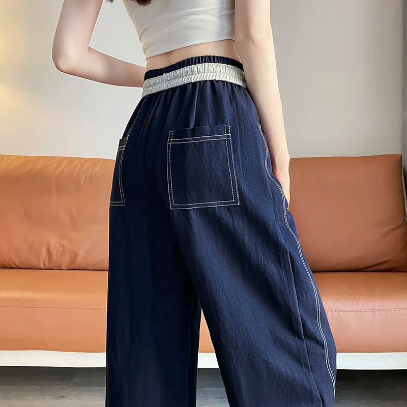 Women's pants 2026 new style simple splicing waist casual wide leg pants loose solid color pants tied elastic straight leg pants