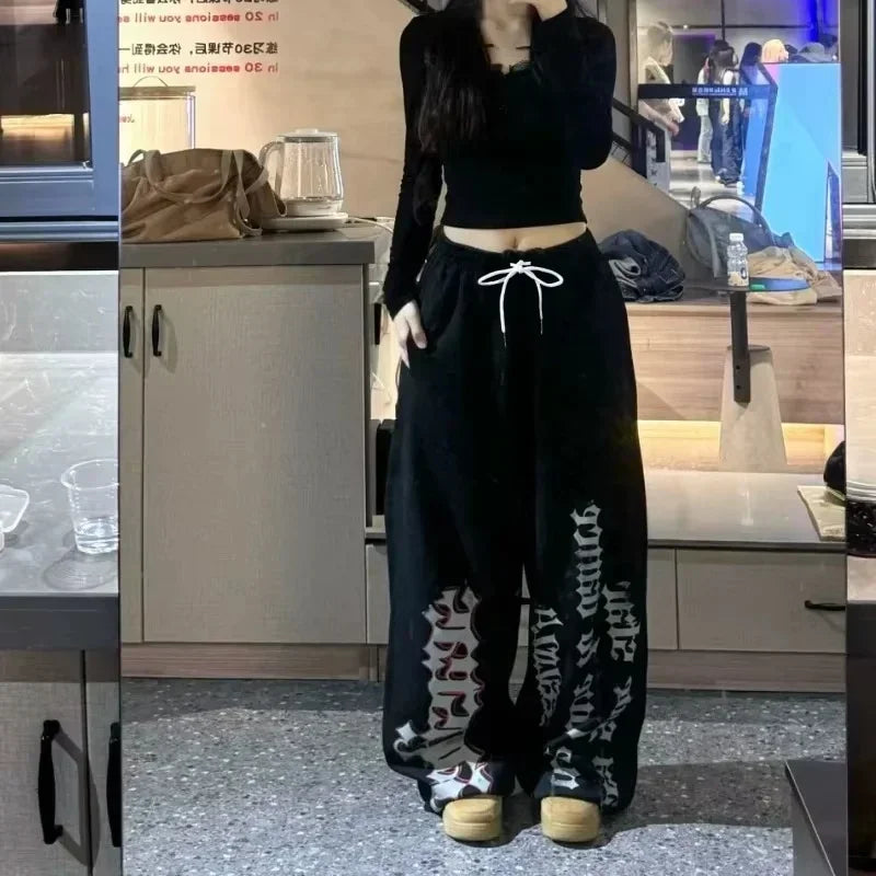 Retro Y2K Wide Leg Track Pants for Women Casual Street Dance Baggy Joggers Sweatpants Trendy 2026 Print Letter Design Versatile